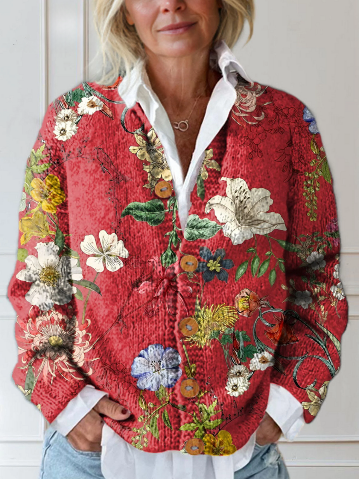 Women’s Vintage Floral Art Print | Button Cardigan Sweater