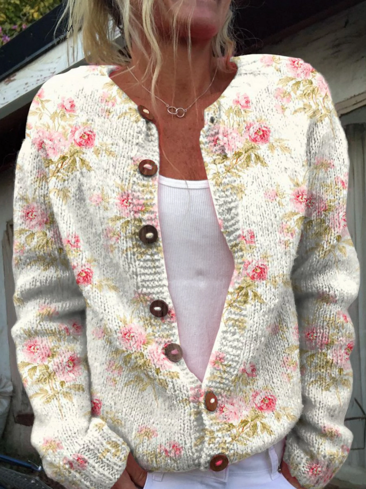 Fresh Pink Flowers and Green Leaves Print | Button-Down Cardigan Sweater