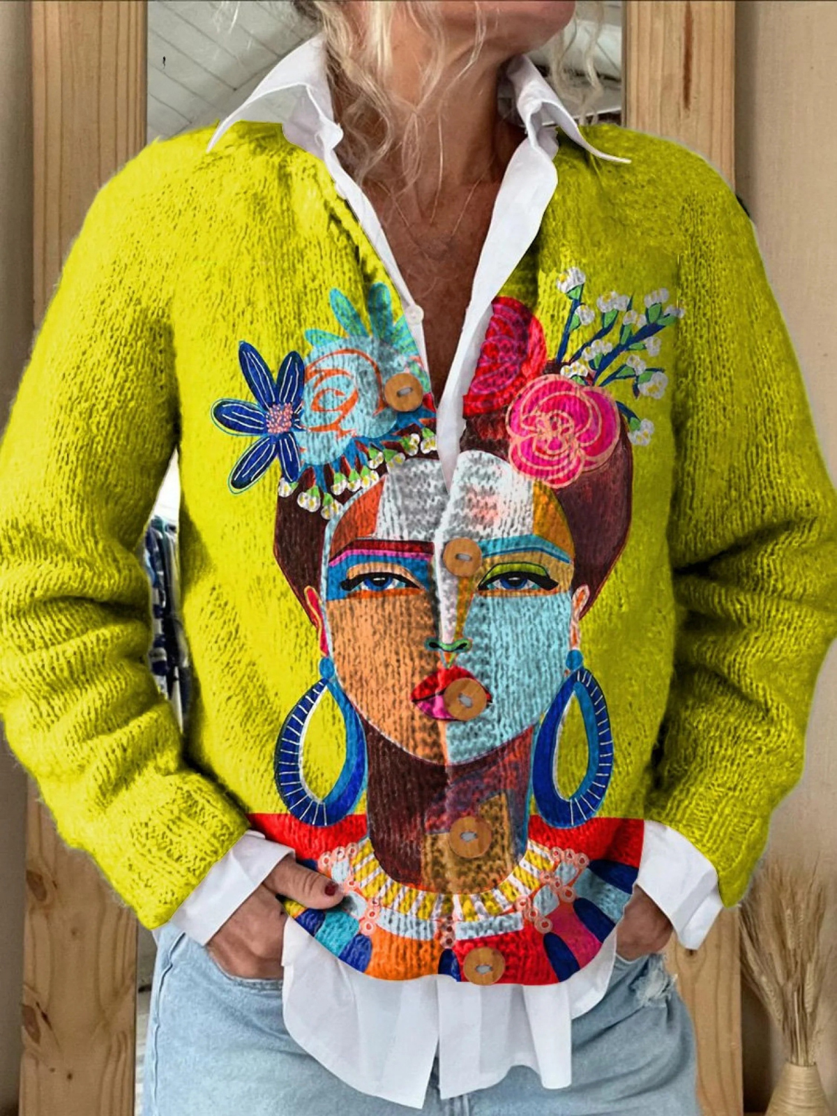 Freda Oil Painting Portrait Art Print | Button-Front Cardigan Sweater