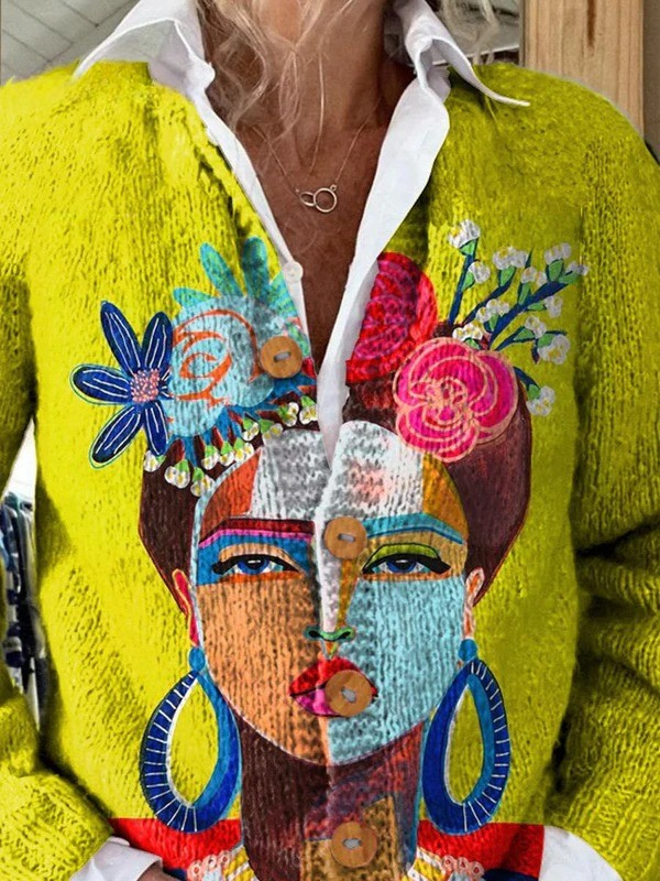 Freda Oil Painting Portrait Art Print | Button-Front Cardigan Sweater