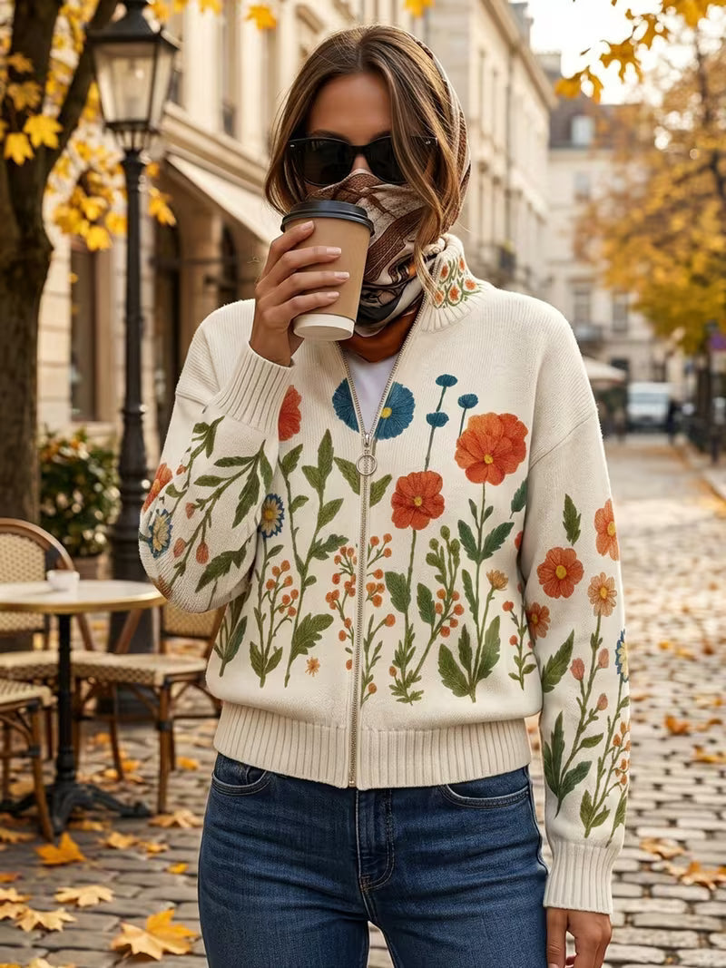Wrenna | Women's floral-patterned cardigan with zipper and pockets