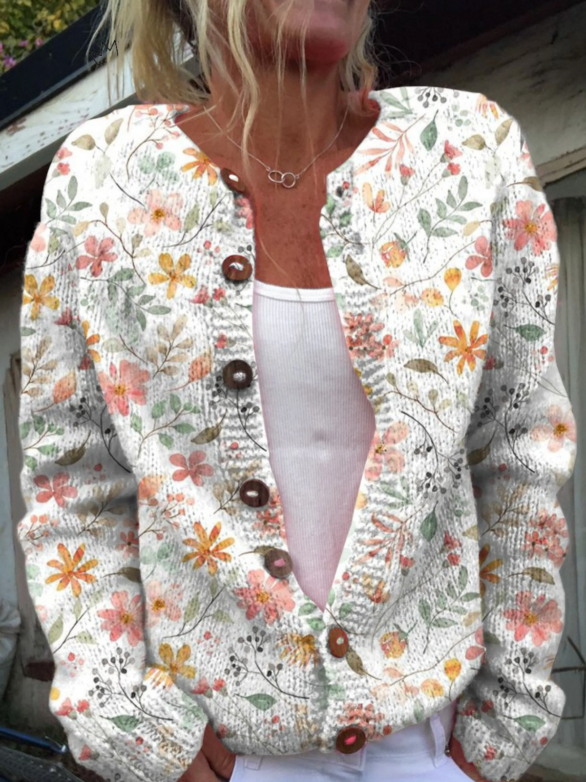 Cute and Fresh Small Floral Print on a Button-Down Cardigan