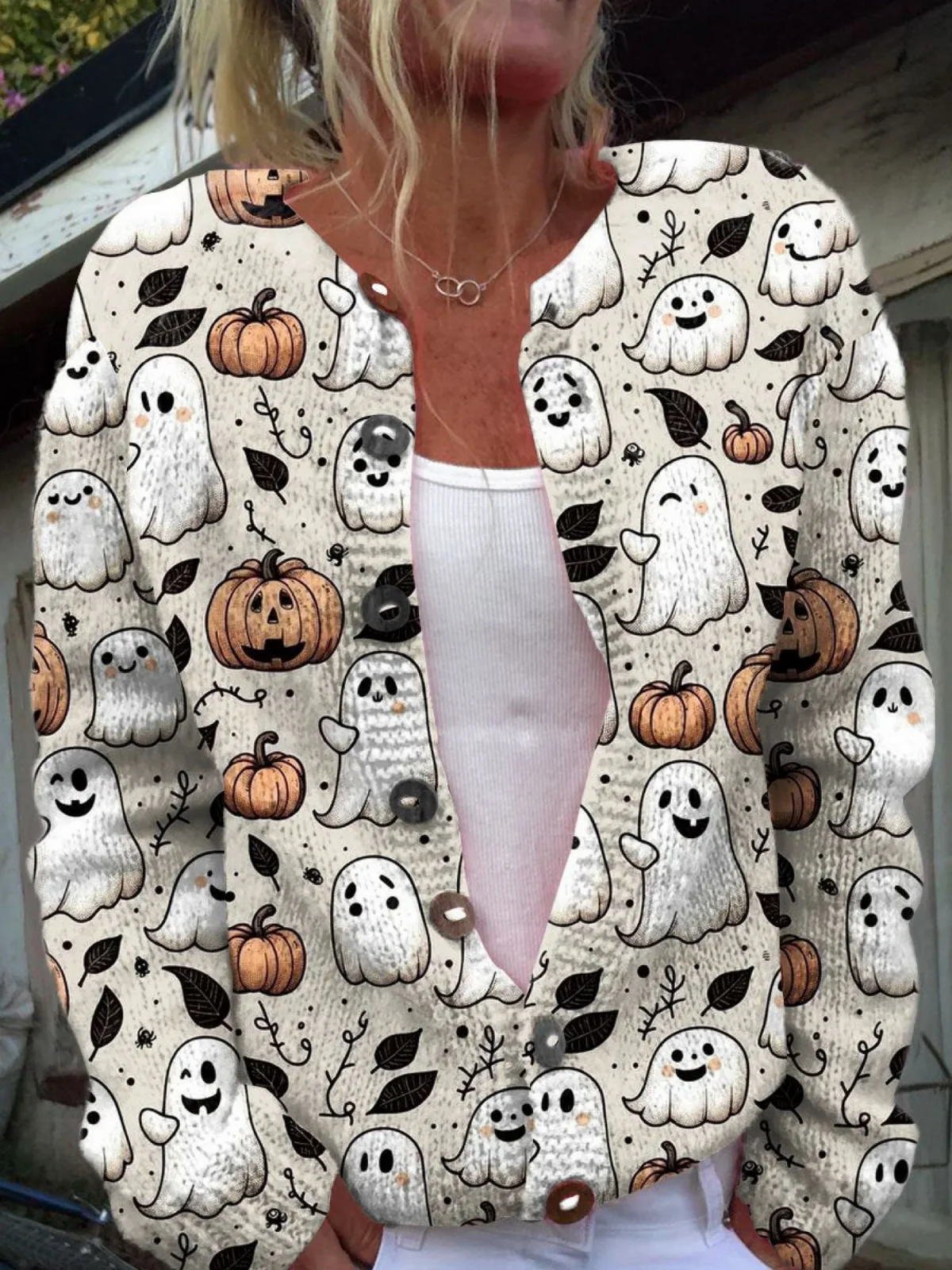 Funny Ghost Halloween | Art Print | Button-Down Cardigan Sweater