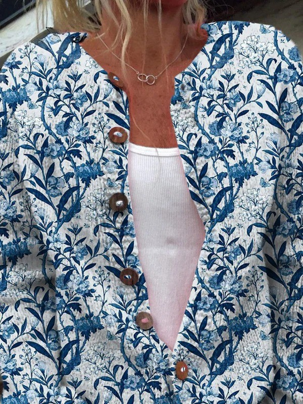 Elegant Blue and White Floral Print Button-Down Cardigan Sweater