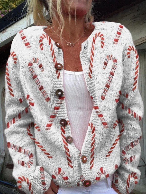 Festive Candy Cane Decorative Print | Button-Down Cardigan Sweater