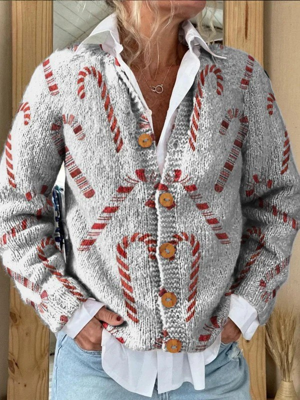 Festive Candy Cane Decorative Print | Button-Down Cardigan Sweater