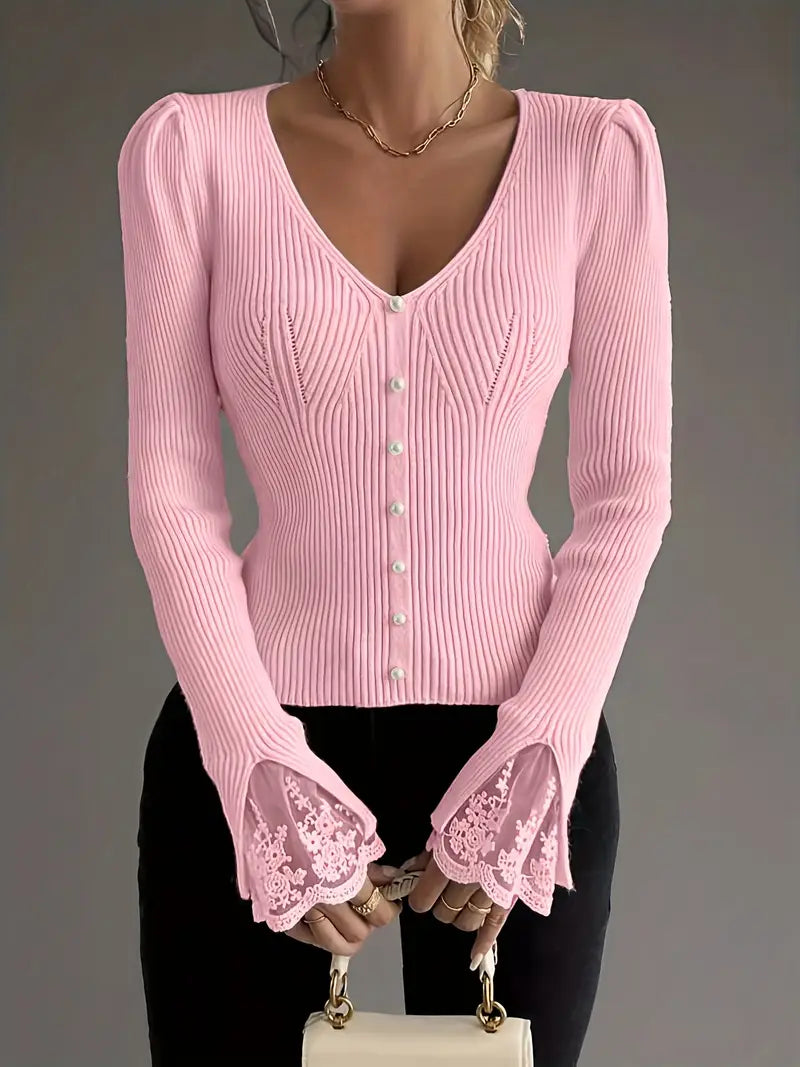 V-neck ribbed top with lace sleeves