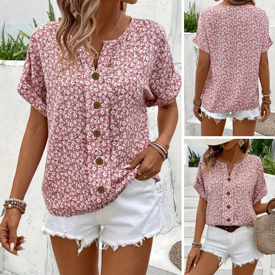 Cindy™ | Floral Print Notched Colour Blouse