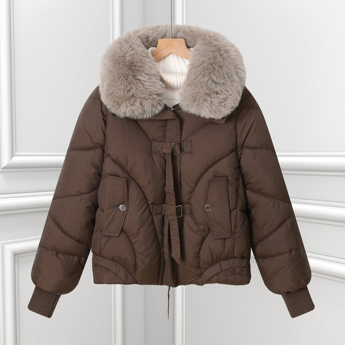 Women's short pilot jacket with a voluminous shawl collar and drawstring hem