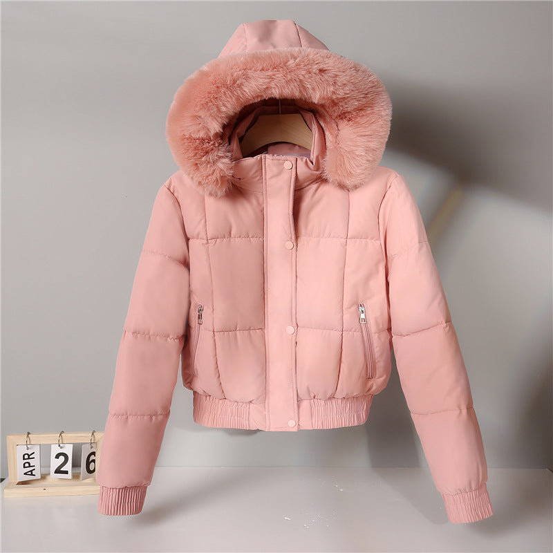 Women's short padded hooded jacket with faux-fur collar