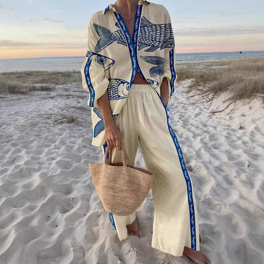 Yazette - Blue Fish Print Clothing Set