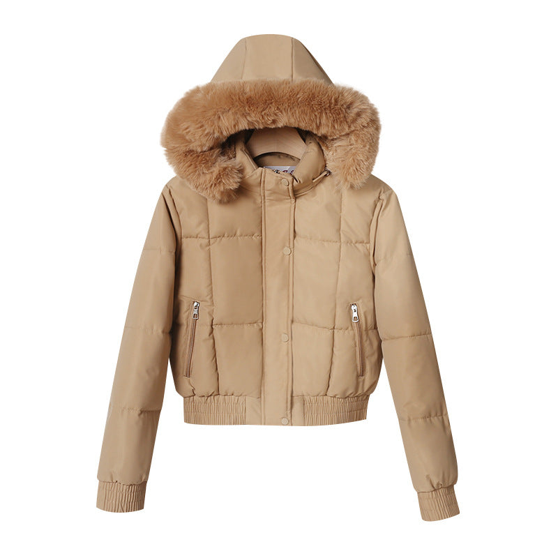 Women's short padded hooded jacket with faux-fur collar