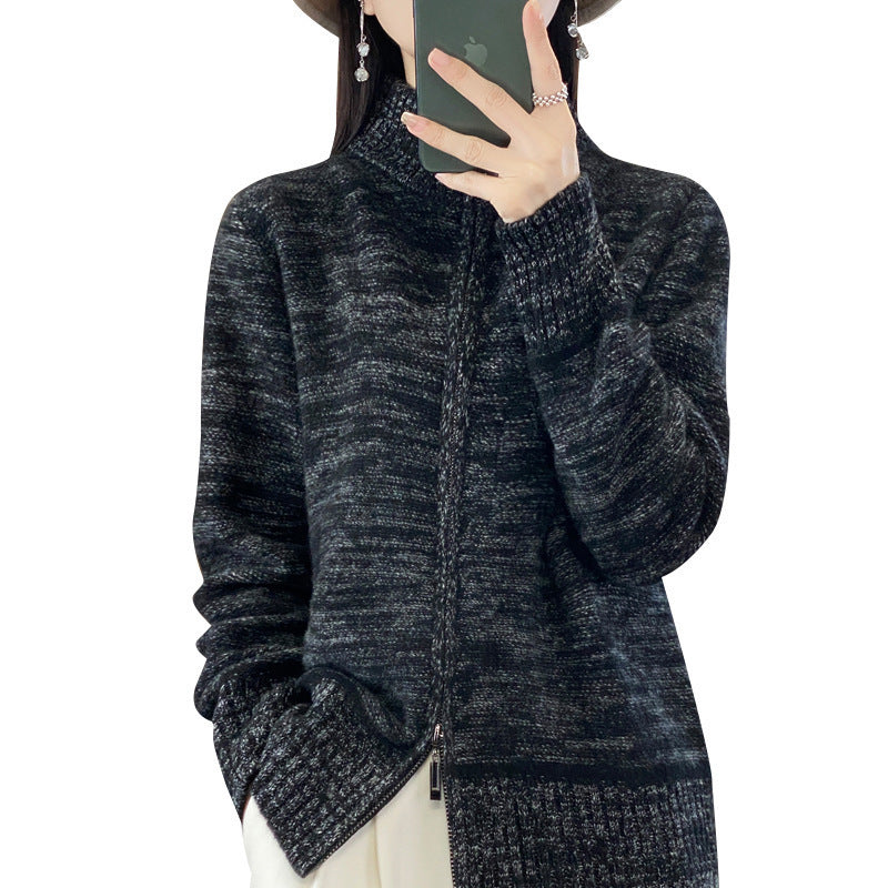 Women's knitted cardigan with zip closure and stand-up collar