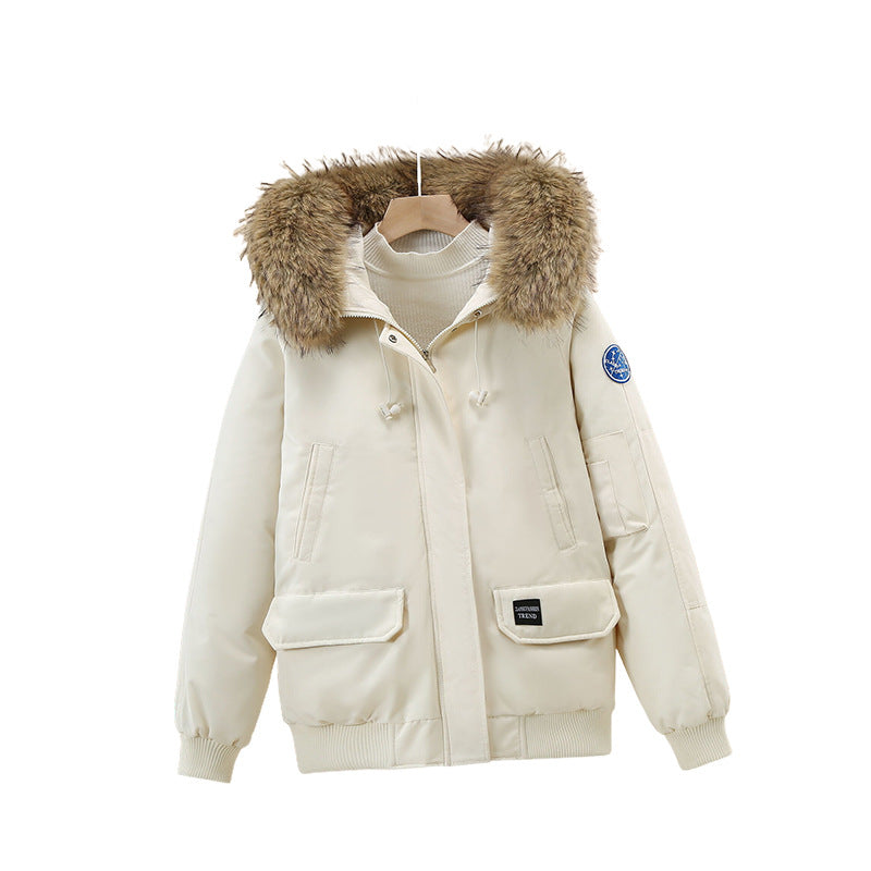 Women's padded bomber jacket with detachable faux-fur hood and ribbed cuffs