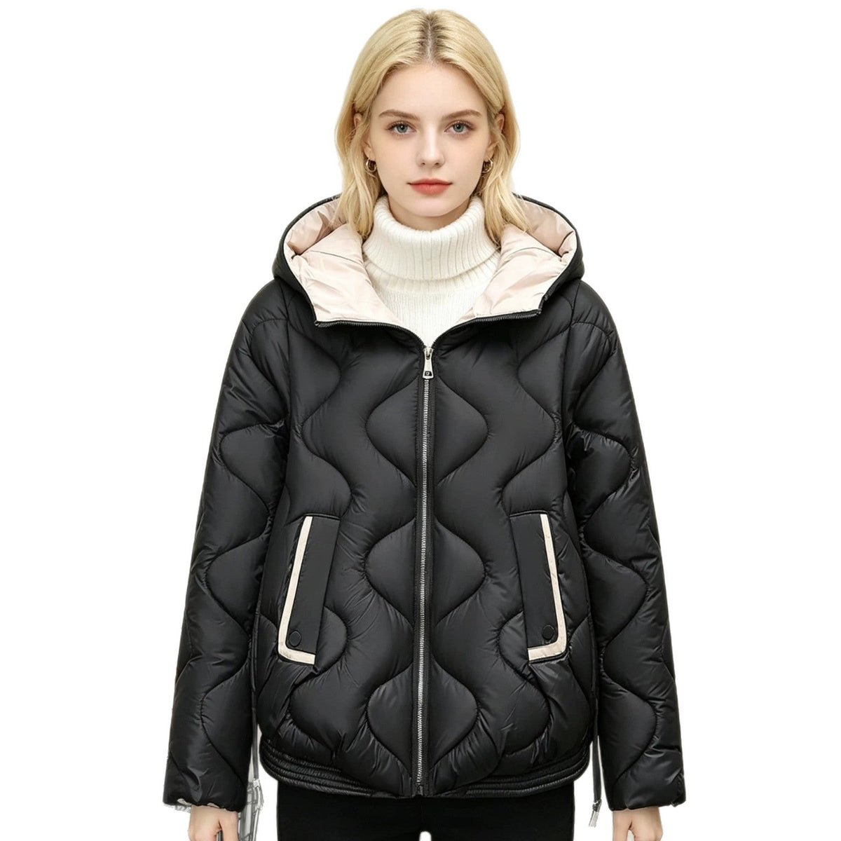 Women's padded short jacket with heart-shaped quilting, a rounded hem, and a hood