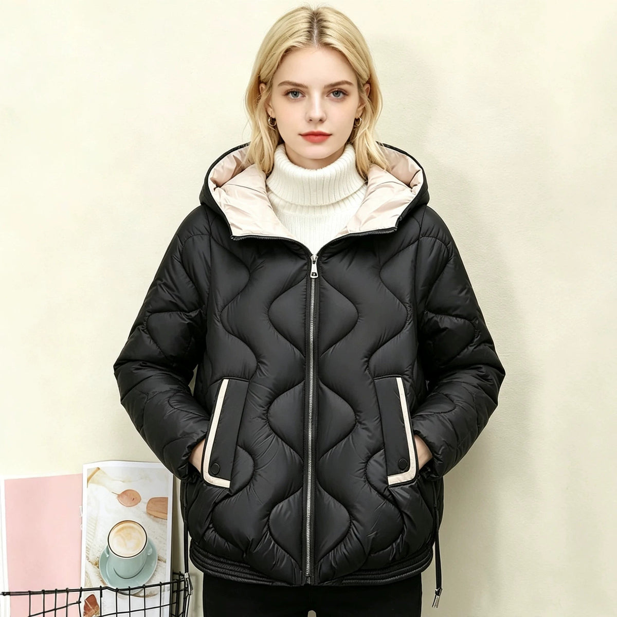 Women's padded short jacket with heart-shaped quilting, a rounded hem, and a hood