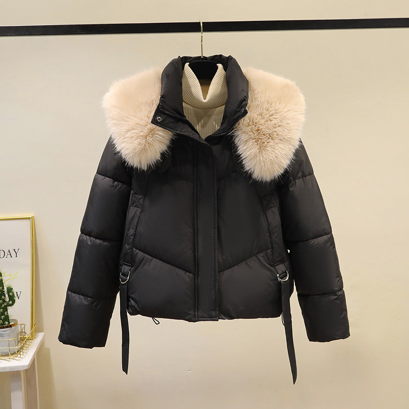 Women’s short quilted jacket with a voluminous faux-fur collar and waist belt