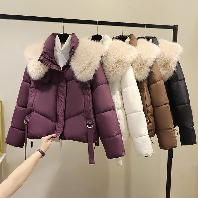 Women’s short quilted jacket with a voluminous faux-fur collar and waist belt