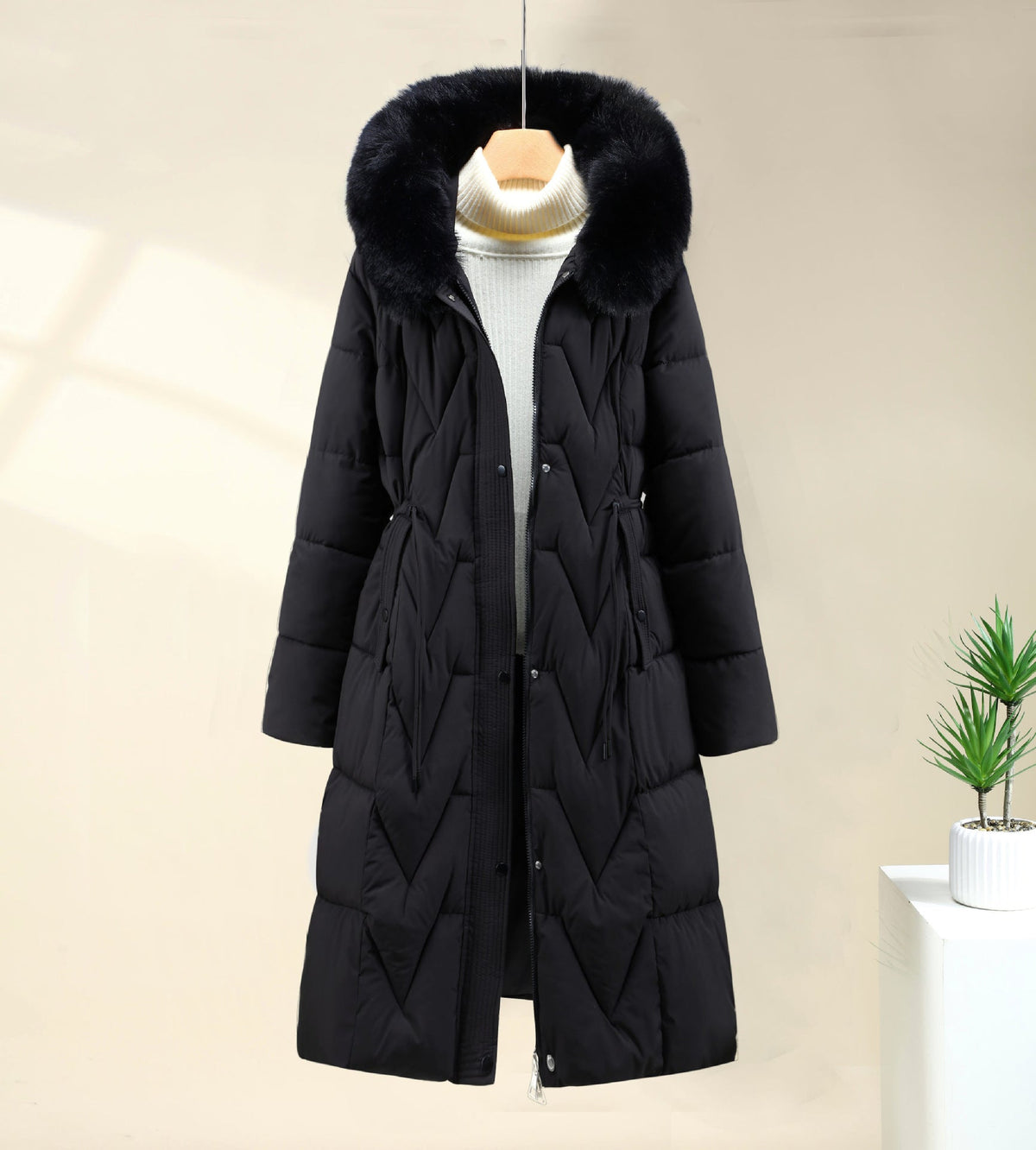 Women's long parka with detachable faux-fur hood and drawstring