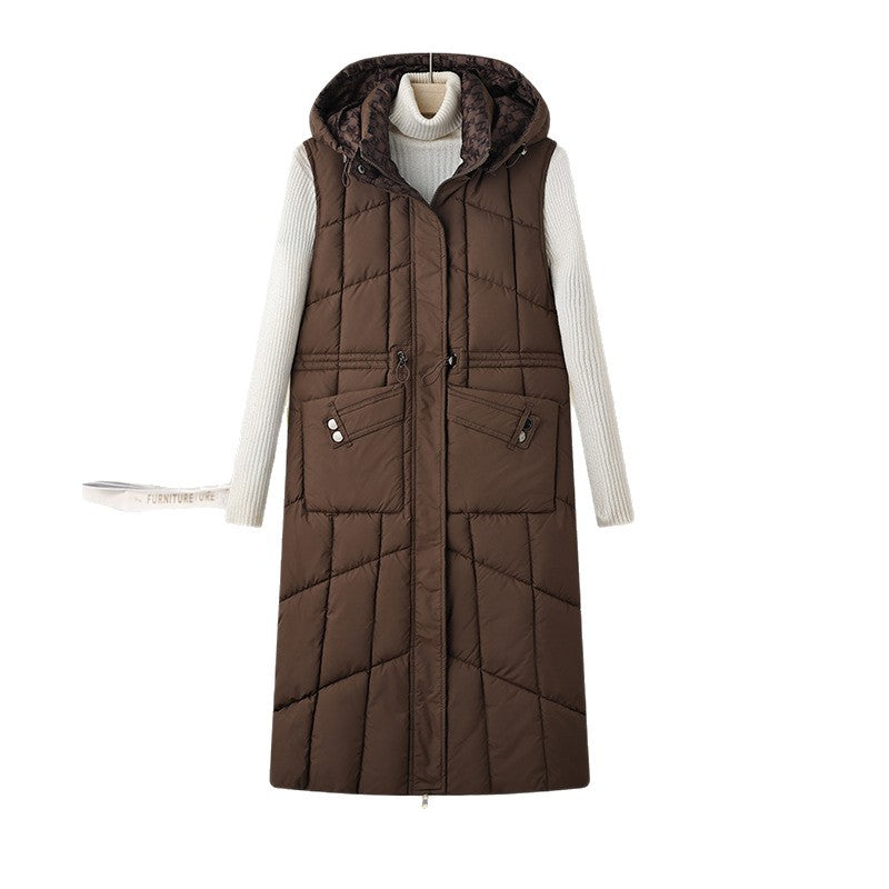 Women's Long Thermal Quilted Vest with Hood and Multifunctional Pockets