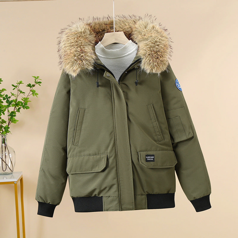 Women's padded bomber jacket with detachable faux-fur hood and ribbed cuffs