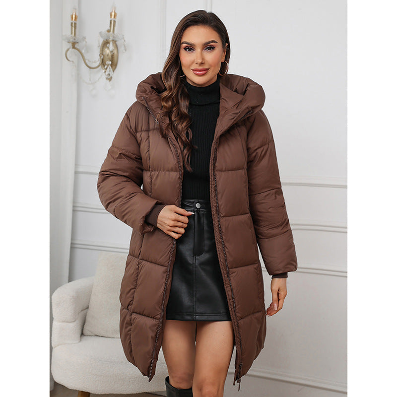 Women’s fitted A-line parka with hood and square quilting