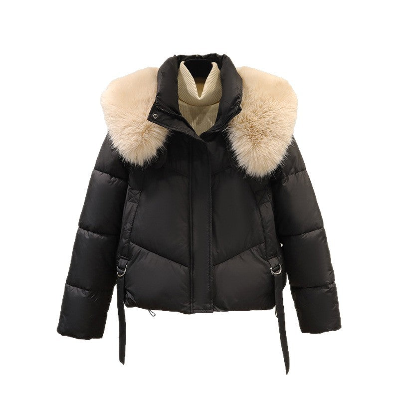 Women’s short quilted jacket with a voluminous faux-fur collar and waist belt