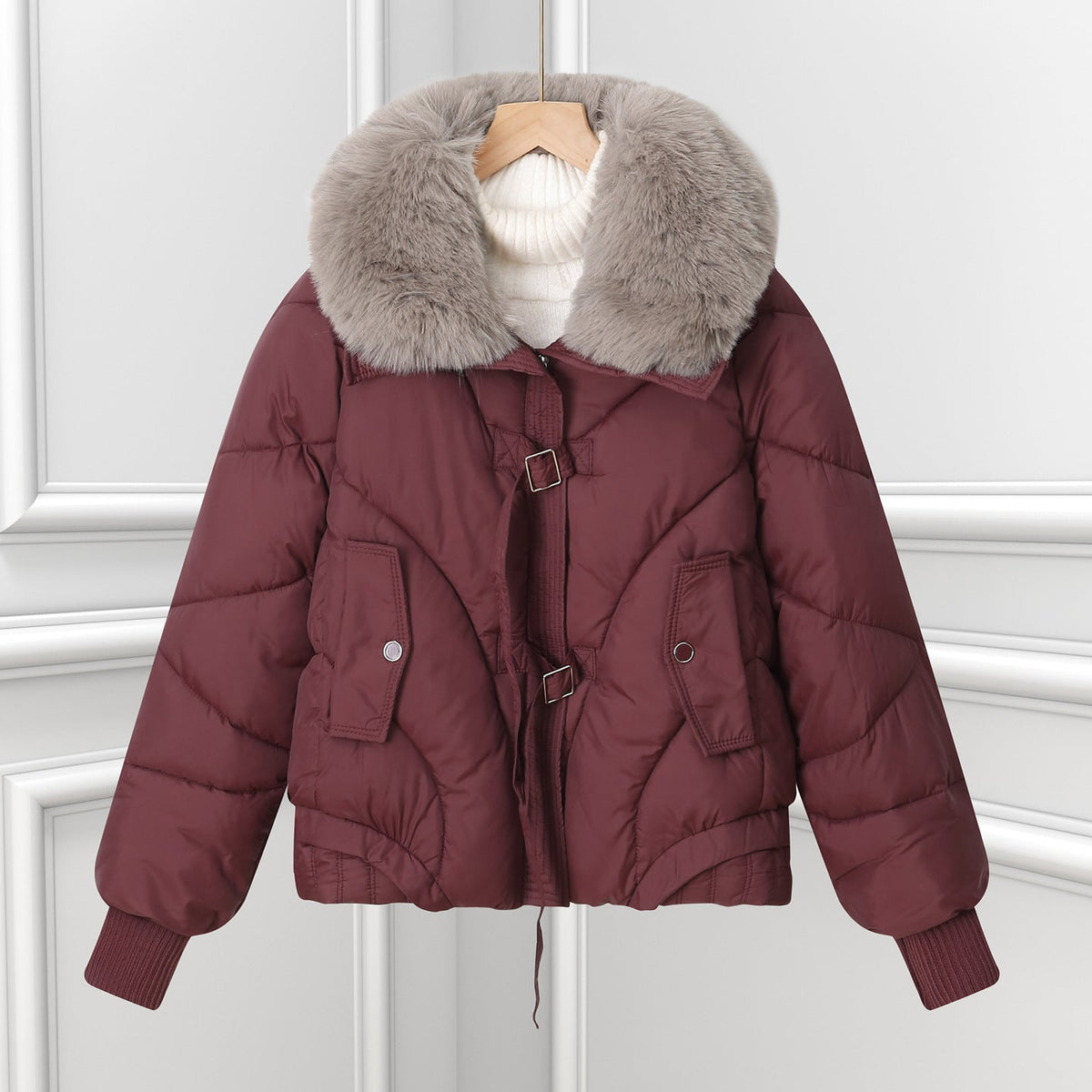 Women's short pilot jacket with a voluminous shawl collar and drawstring hem