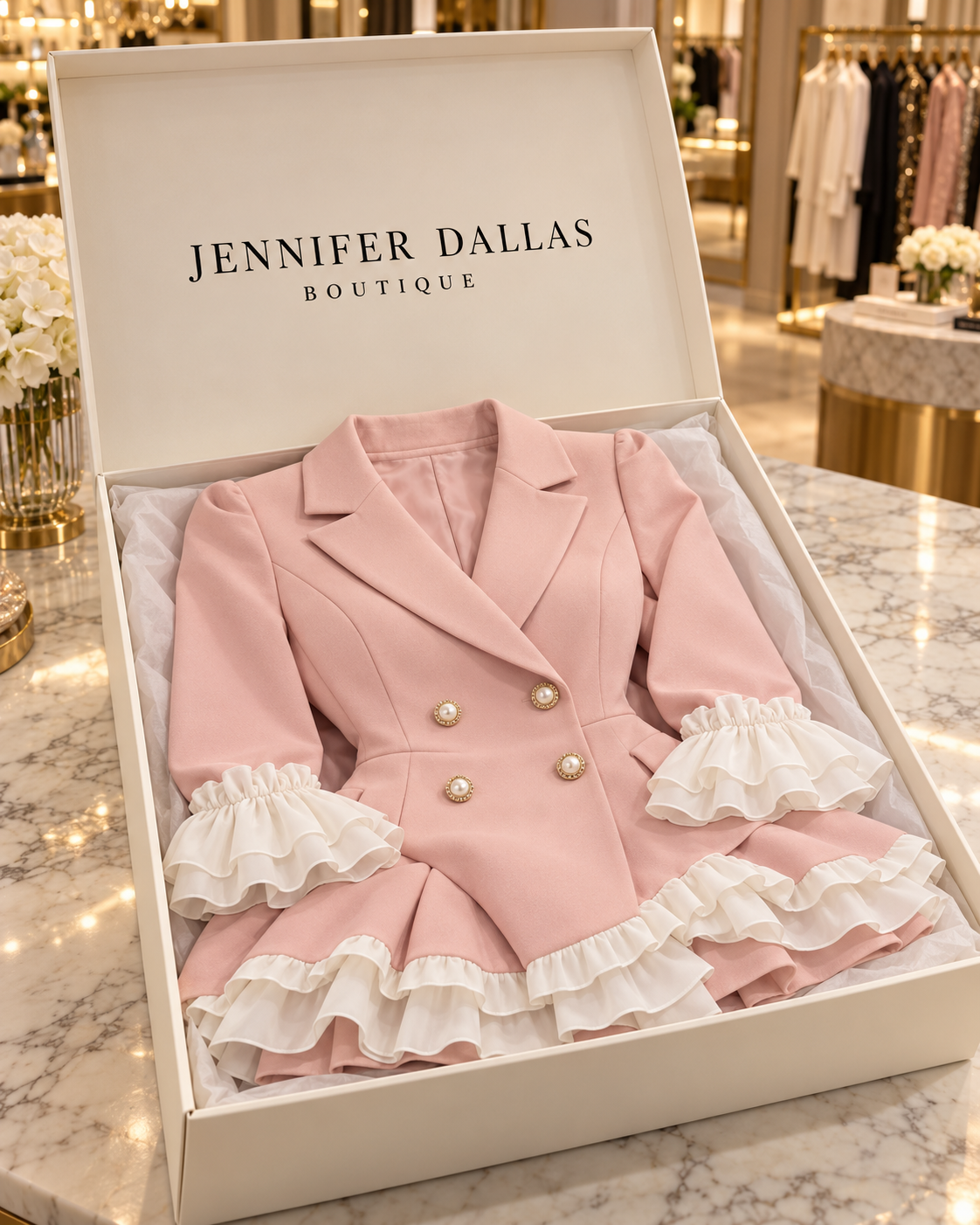 A-line blazer dress presented in Jennifer Dallas Boutique packaging