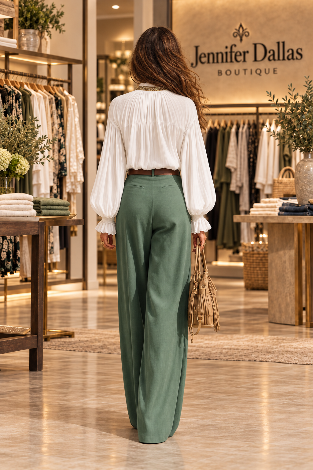 Resort-style V-neck Lantern-sleeve Top And Trousers Set