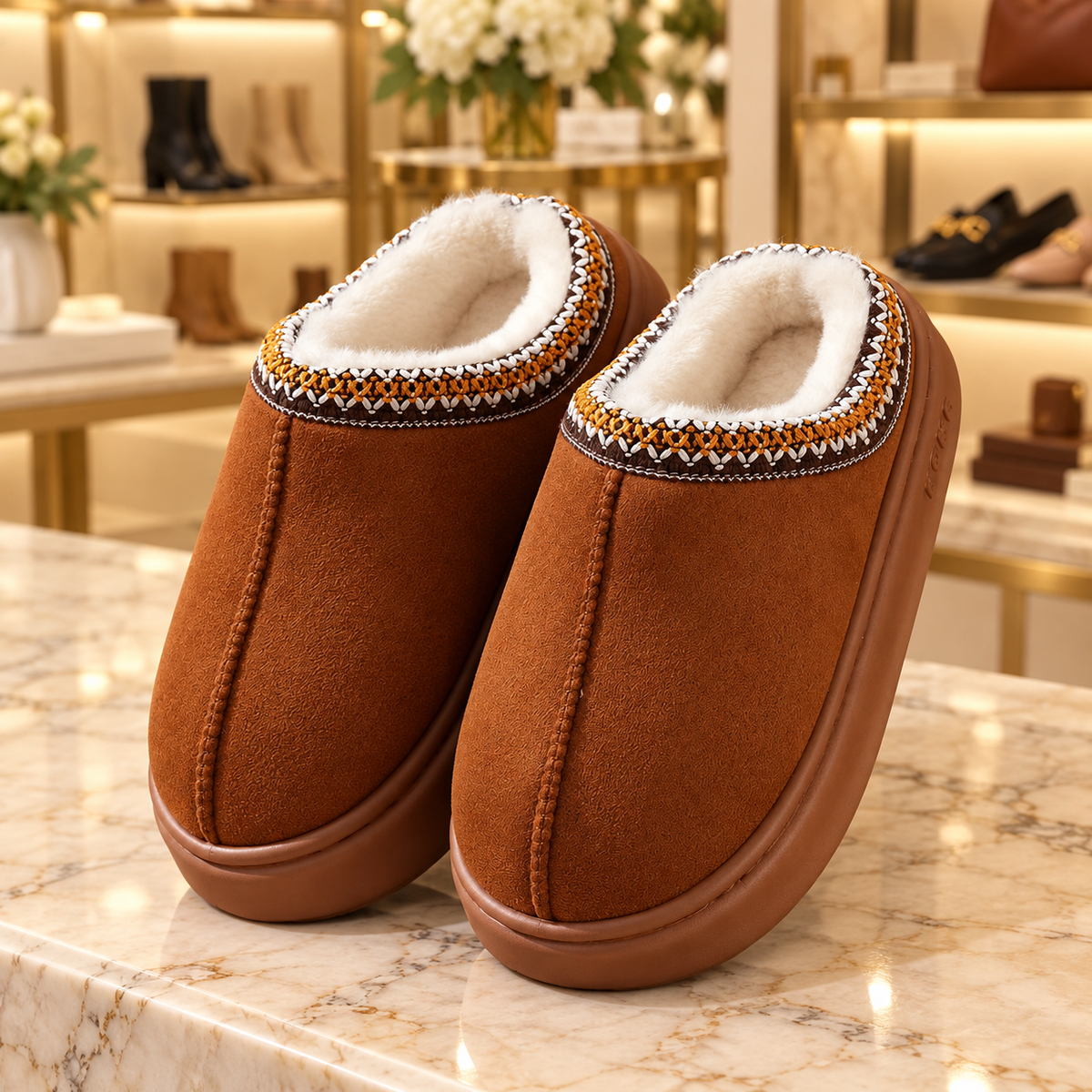 Anouk Brown ultrawarm Tasman slippers displayed in Jennifer Dallas Boutique