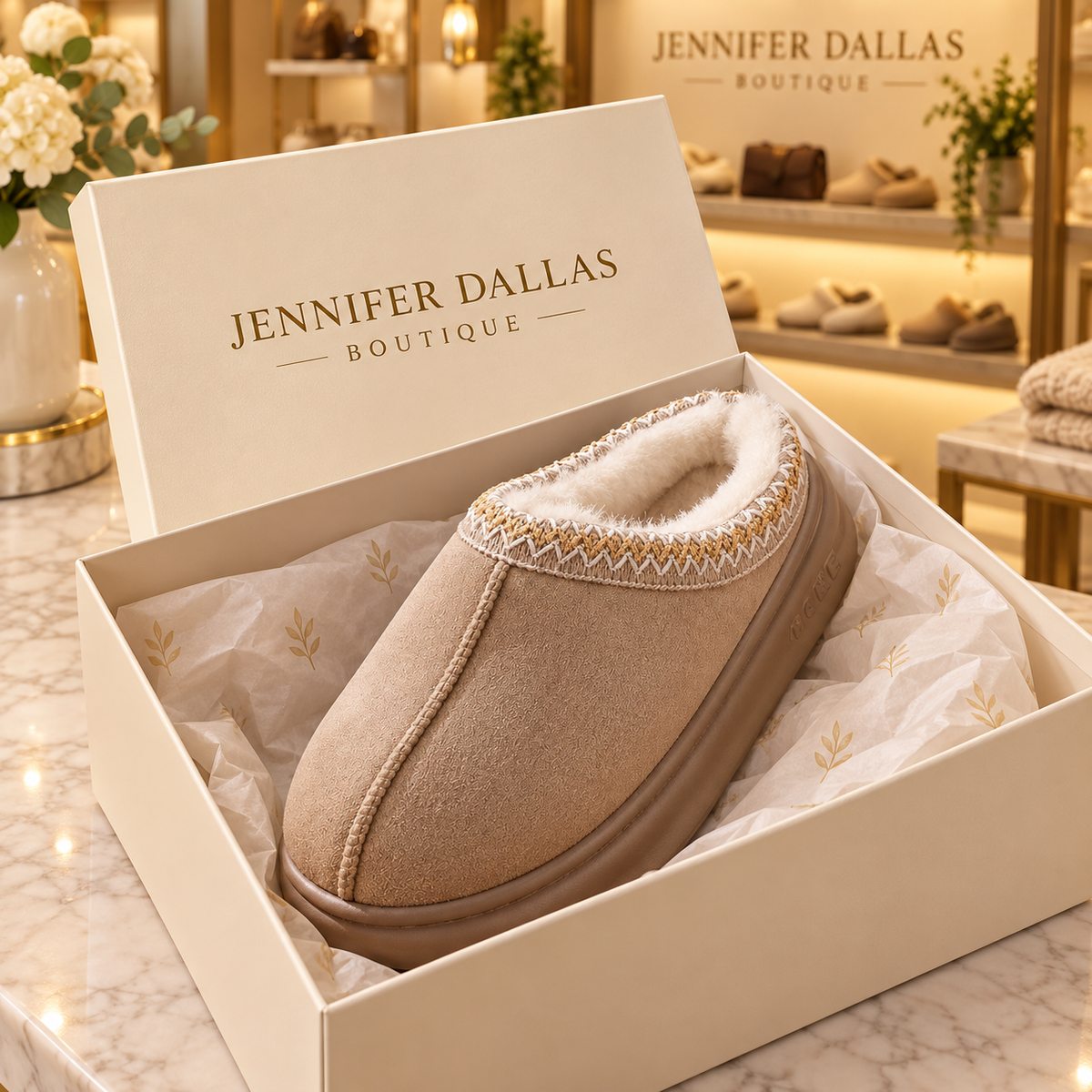 Anouk Khaki ultrawarm slipper in Jennifer Dallas Boutique packaging