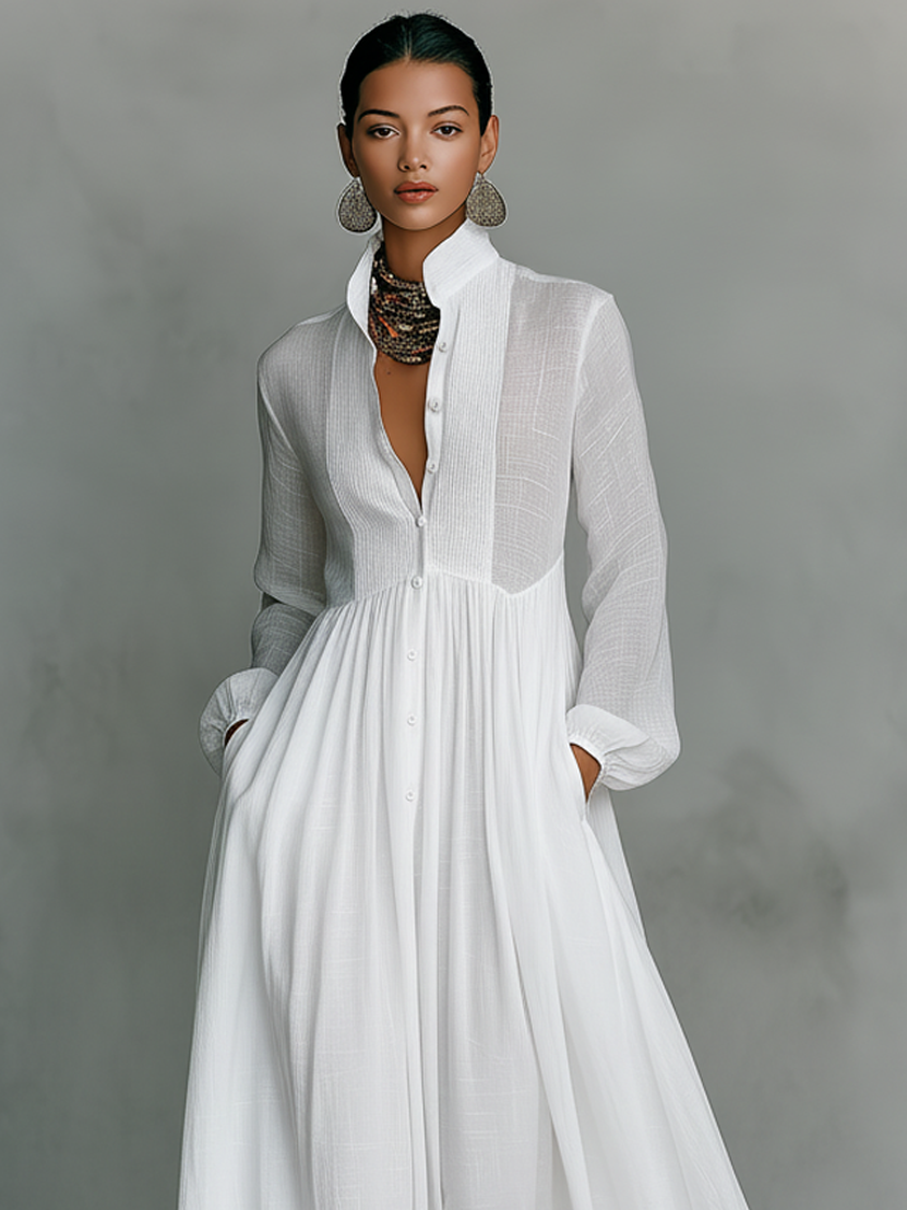 Maxi Minimalist Dress in Cotton and Linen with Patchwork Panels, High Collar and Long Sleeves