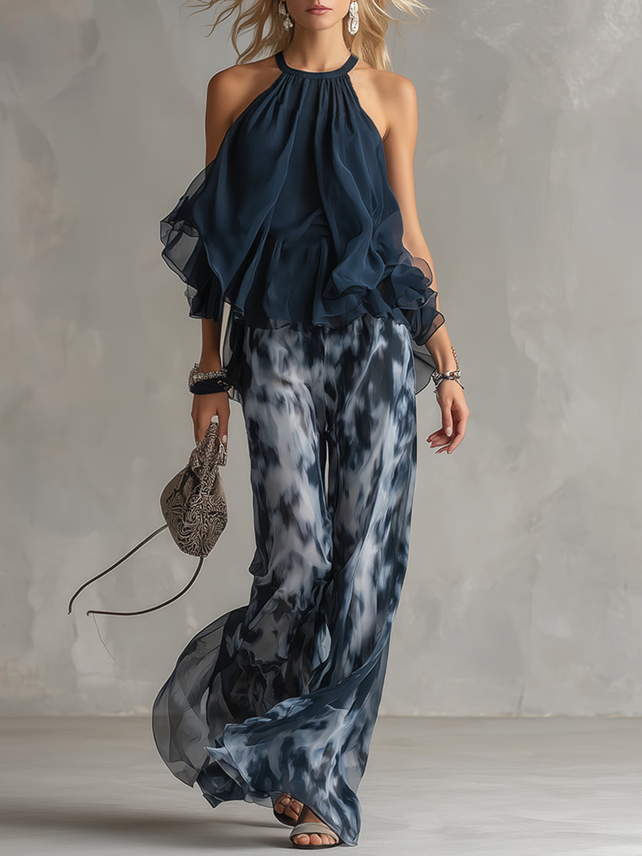 Ludovica | Elegant Navy Blue Halter Top and Wide Printed Pants Set