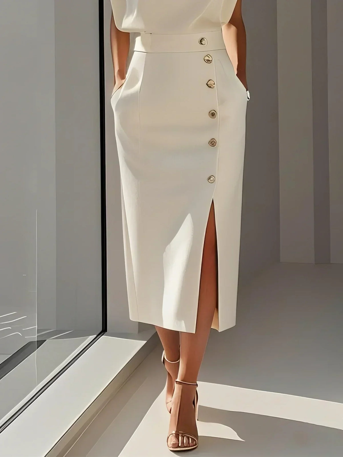 Malene™ | Solid Midi Dress with Button Slit and Round Neckline