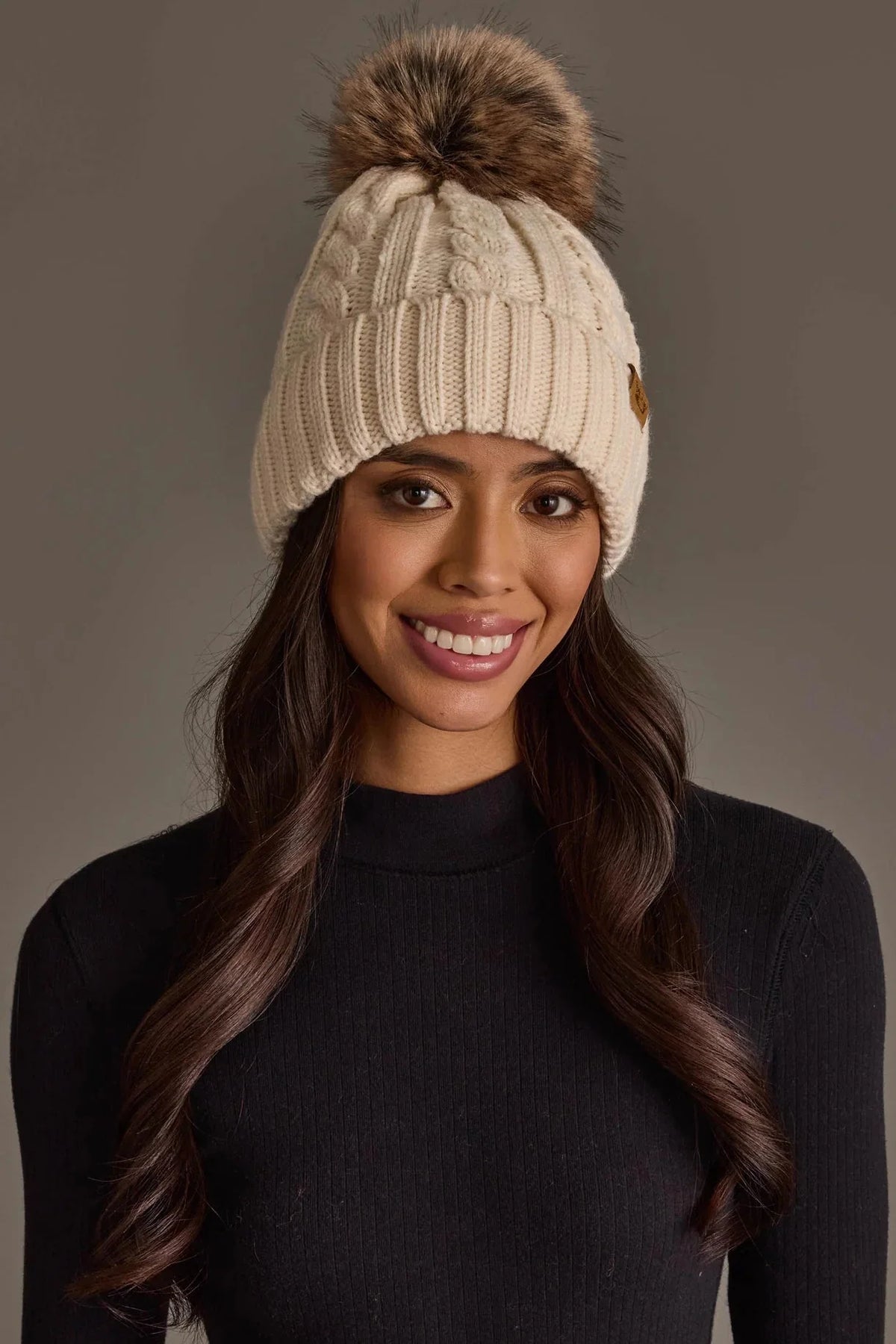 Cable Knit Faux Fur Pom Hat | Cream