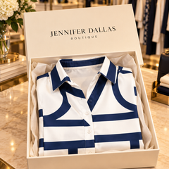 Claire Metro Chic shirt dress in Jennifer Dallas Boutique signature packaging