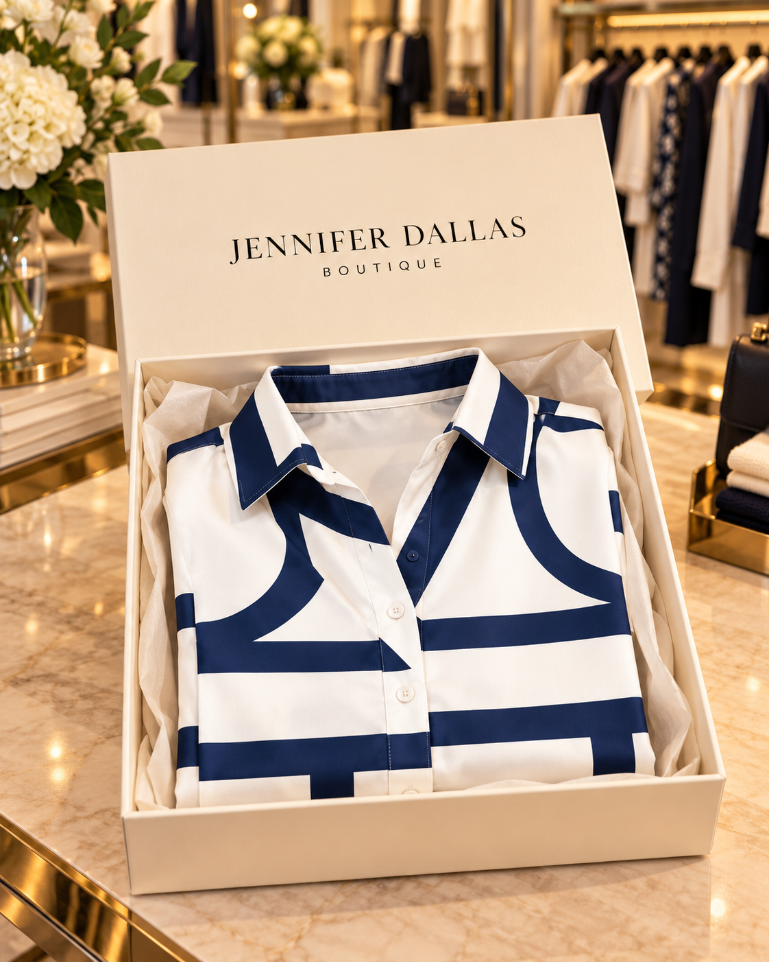 Claire Metro Chic shirt dress in Jennifer Dallas Boutique signature packaging