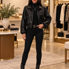 Women's cropped faux leather jacket in Black — boutique model