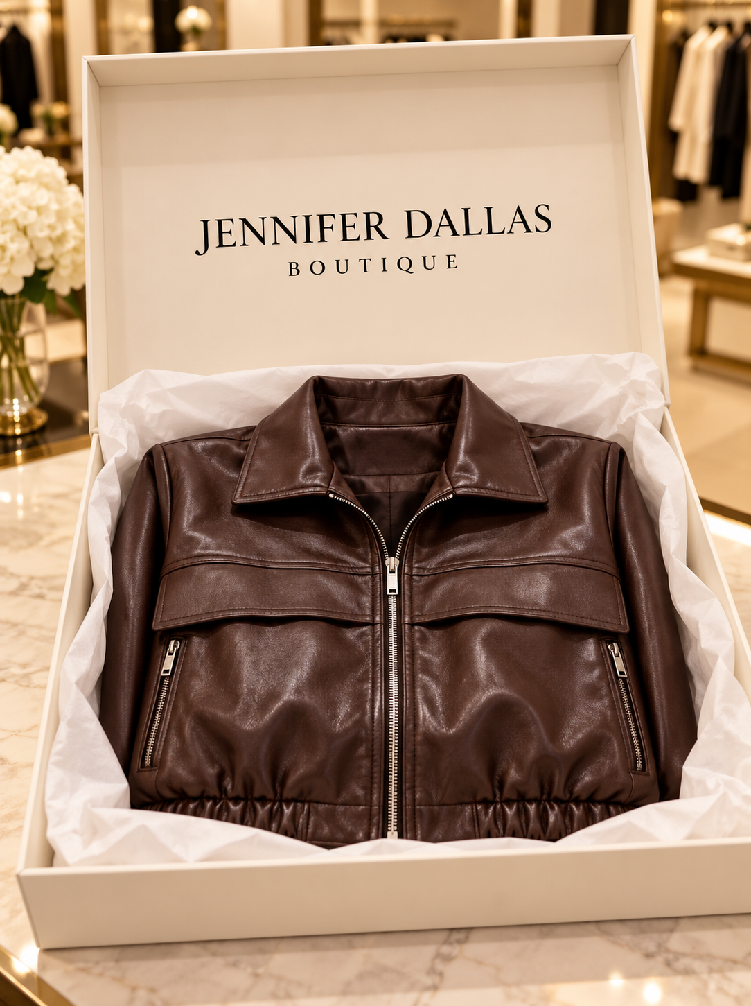 Women's cropped faux leather jacket in a Jennifer Dallas Boutique gift box