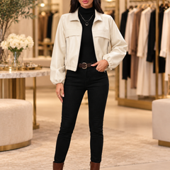 Women's cropped faux leather jacket in Milk white — boutique model