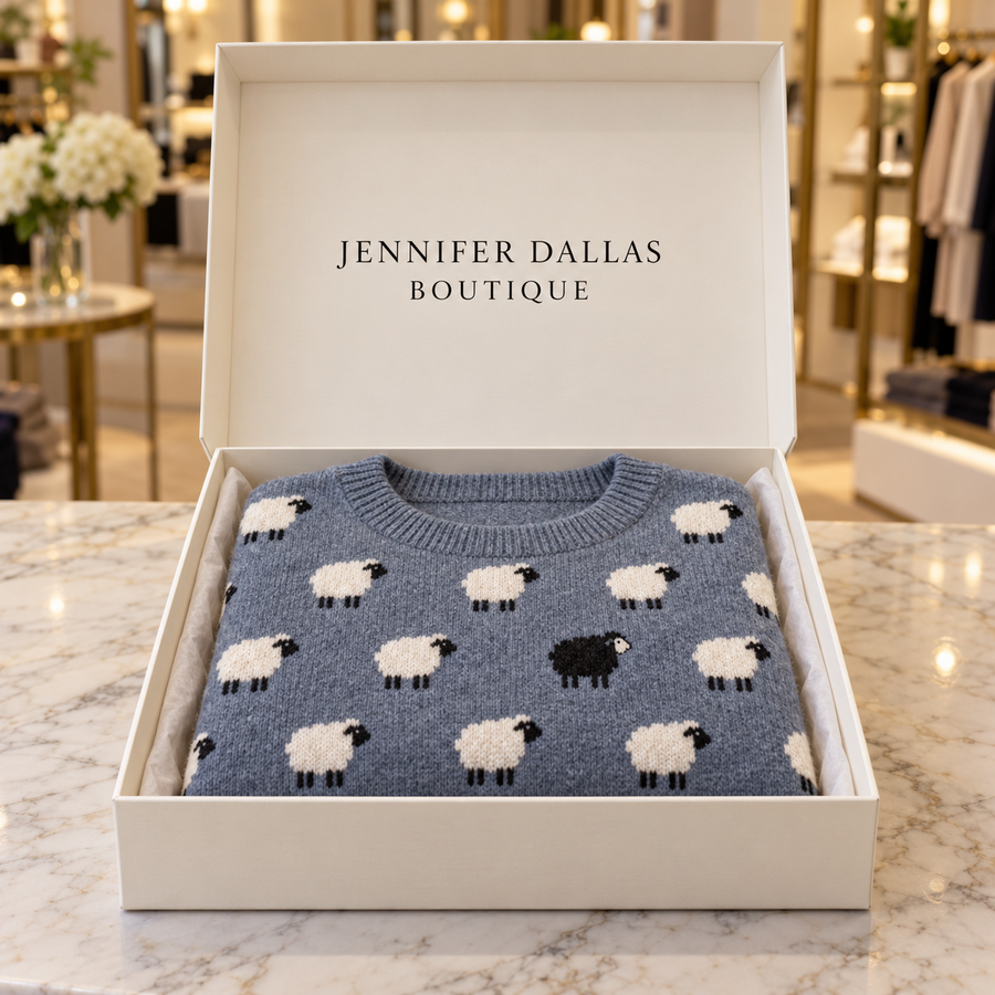 Elise Sheep Knit Sweater in a Jennifer Dallas Boutique gift box