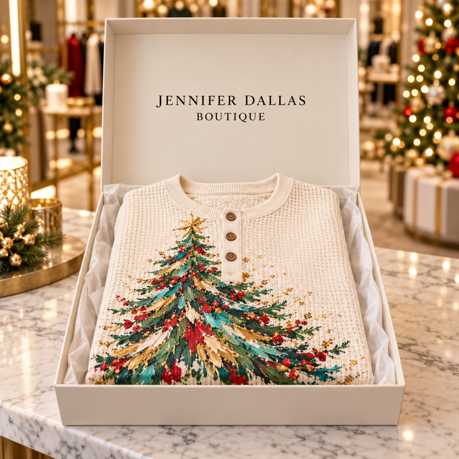 Ella Christmas Tree Art Top in a Jennifer Dallas Boutique gift box