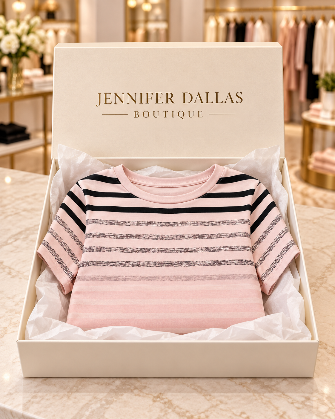Evelyn Round Neck Short Sleeve Striped T-Shirt — Jennifer Dallas Boutique gift box