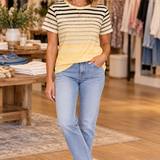 Evelyn Round Neck Short Sleeve Striped T-Shirt — Yellow boutique model