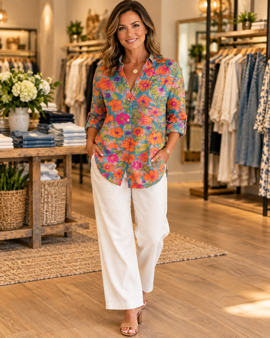 Fallon floral button-down shirt in dark pink, shown on a model in Jennifer Dallas Boutique