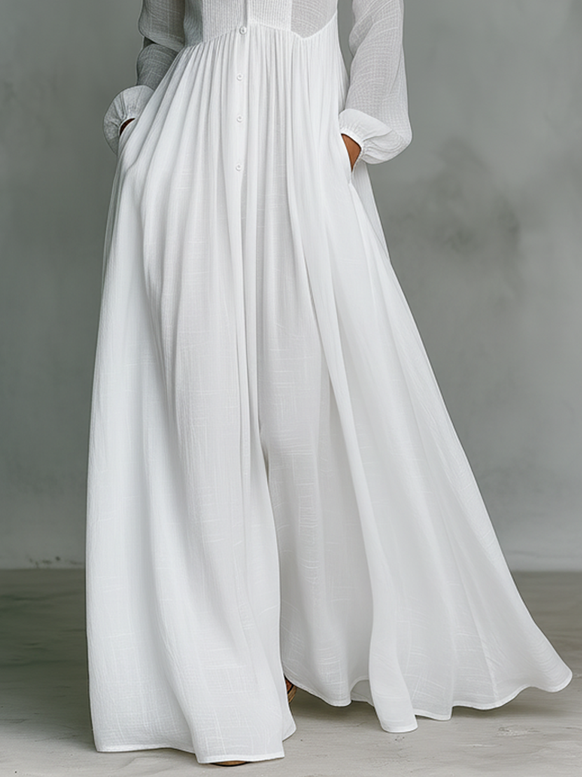 Maxi Minimalist Dress in Cotton and Linen with Patchwork Panels, High Collar and Long Sleeves