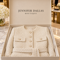 Gesa cream boucle blazer presented in Jennifer Dallas Boutique packaging