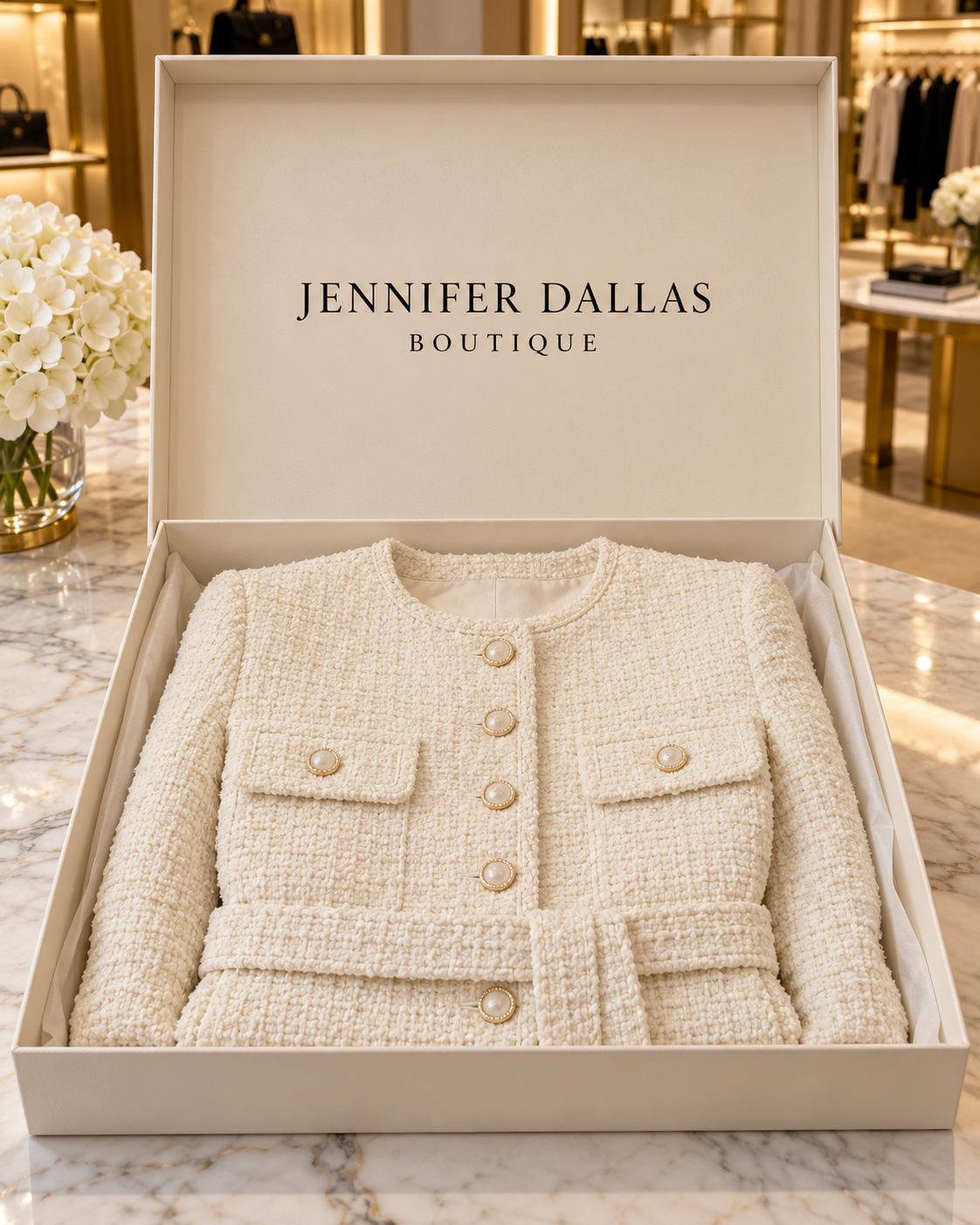 Gesa cream boucle blazer presented in Jennifer Dallas Boutique packaging