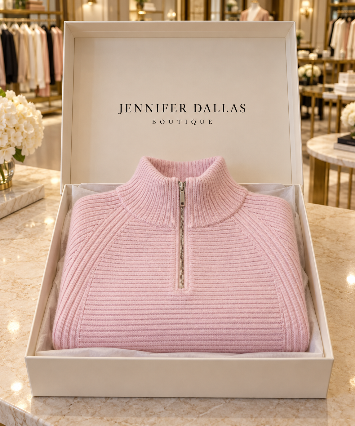 Vilja half-zip sweater presented in a Jennifer Dallas Boutique gift box